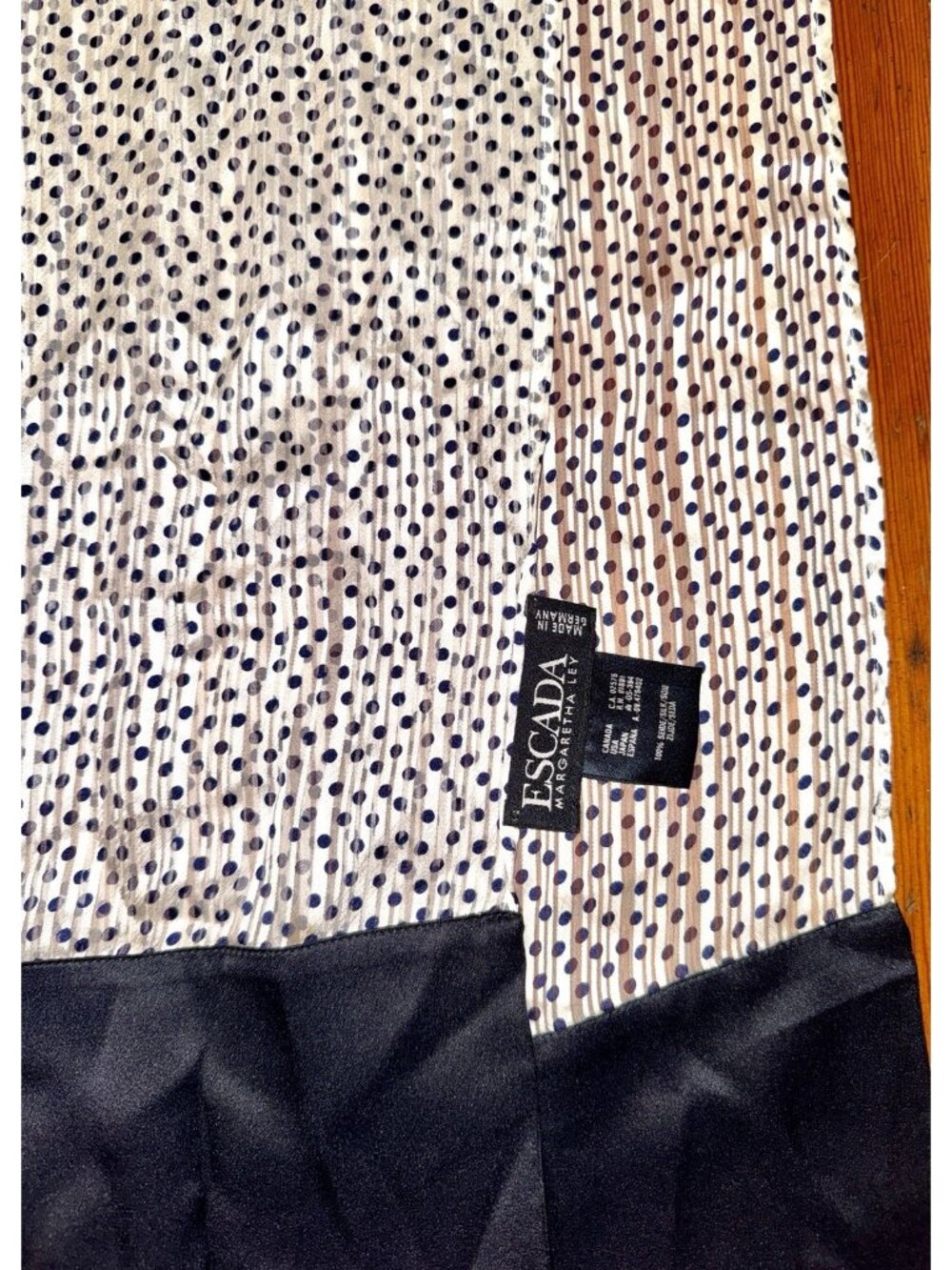 Vtg ESCADA Margaretha Ley Germany SILK SCARF Dots & Stripes OBLONG 16"x76" Blue